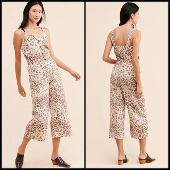 Anthropologie Current Air Sweetheart Neckline Piper Utility Jumpsuit Leopard Tan - Picture 1 of 14